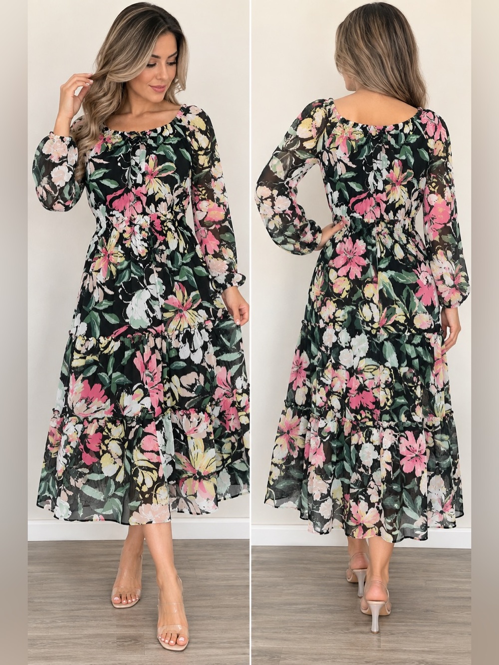 Kate and Lily Petite 10P Floral Tiered Midi Dress Long Sleeve - Picture 1 of 10